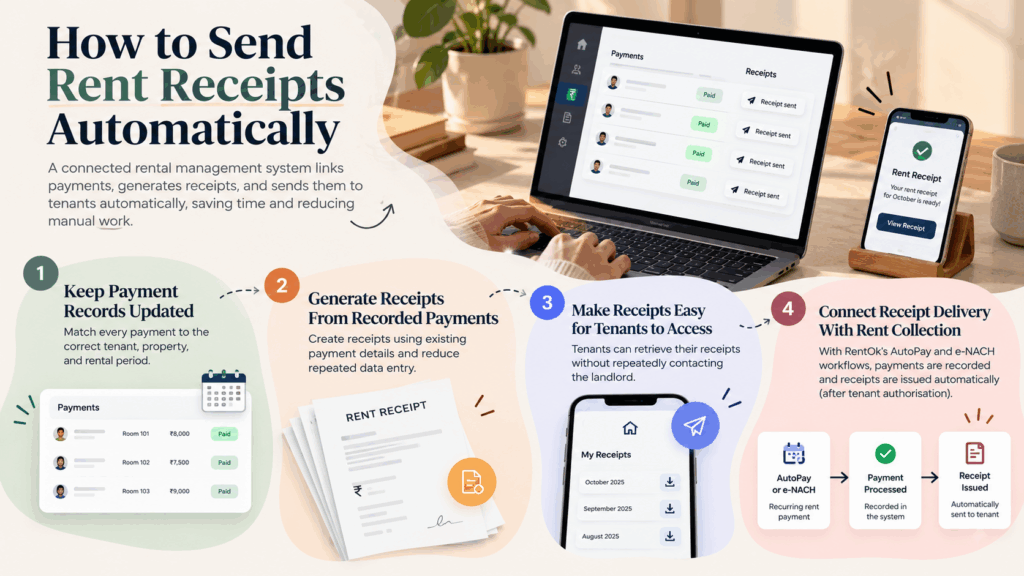 Rent Receipt Generator Apps, Best Rent Receipt Generator Apps for Landlords and Tenants, Rentok How to send rent receipts automatically using digital payment tracking, receipt generation, tenant notifications, and RentOk AutoPay and e-NACH workflows.