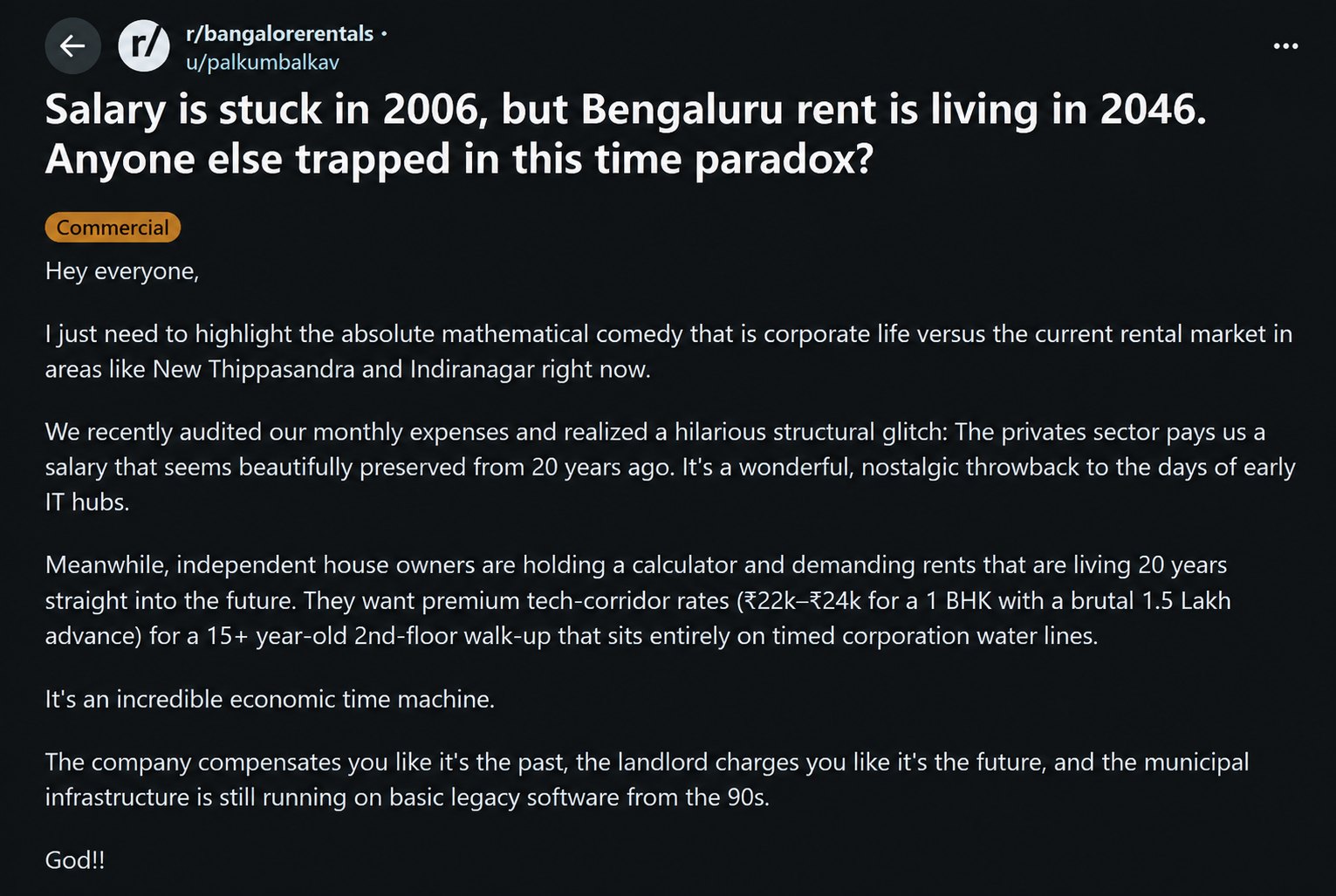 Reddit discussion highlighting the rising cost of Bengaluru rentals compared to stagnant salaries, with examples from New Thippasandra and Indiranagar.