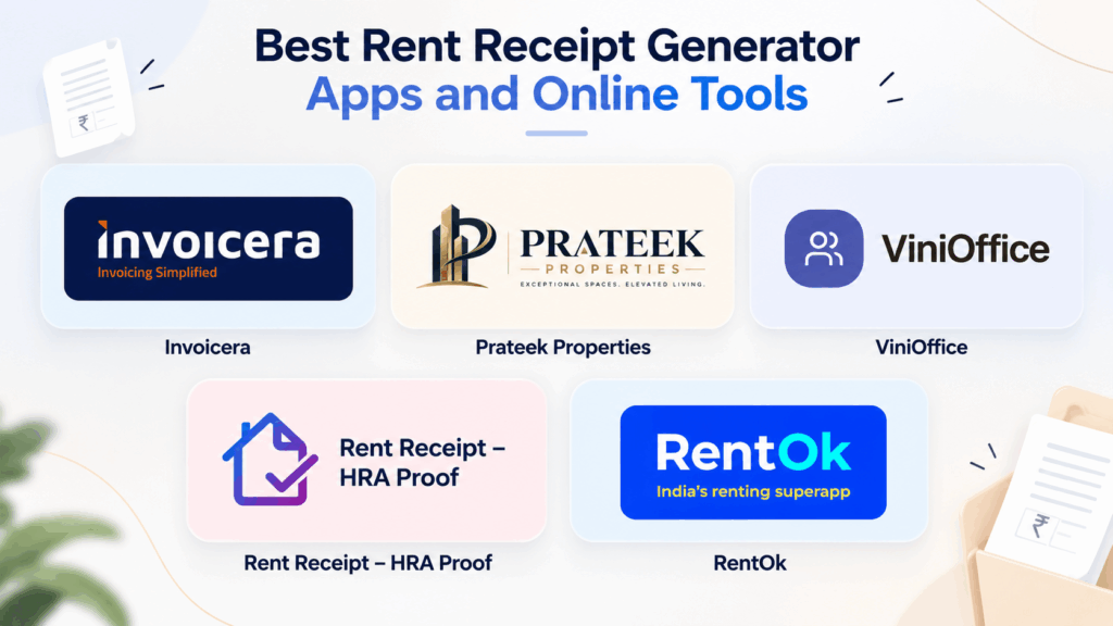 Rent Receipt Generator Apps, Best Rent Receipt Generator Apps for Landlords and Tenants, Rentok Best rent receipt generator apps and online tools, including RentOk, Invoicera, ViniOffice, Prateek Properties, and Rent Receipt – HRA Proof.