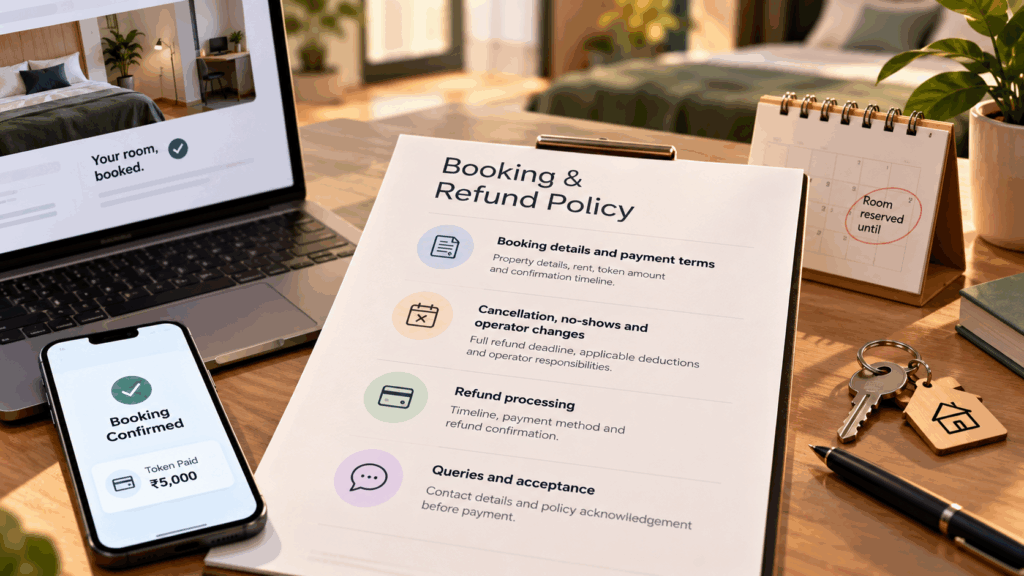 Professional booking and refund policy for PG accommodation showing booking details, payment terms, cancellation rules, refund processing, and reservation confirmation on a desk beside a laptop, smartphone, calendar, and room keys.
