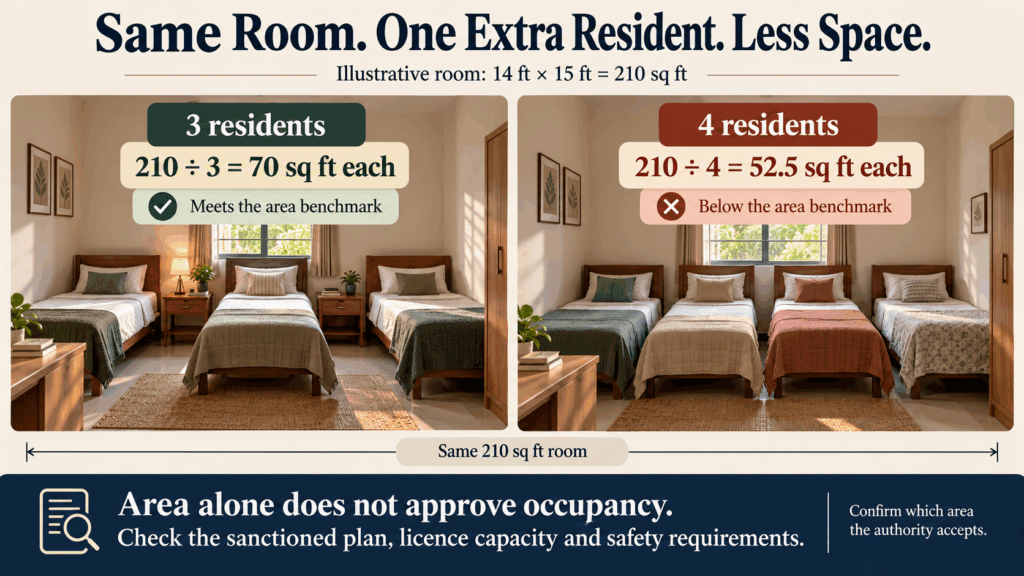 Bengaluru PG Rules, Bengaluru PG Rules: 7 Things Every Owner Must Know, Rentok Comparison of three and four residents in an illustrative 210 sq ft PG room, showing 70 versus 52.5 sq ft per person.