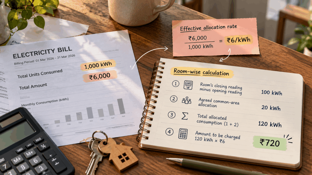 Realistic PG electricity sub-meter billing calculation showing ₹6 per kWh effective rate, 100 units of room consumption, 20 units of common-area allocation, and a final electricity charge of ₹720 based on a ₹6,000 master bill.