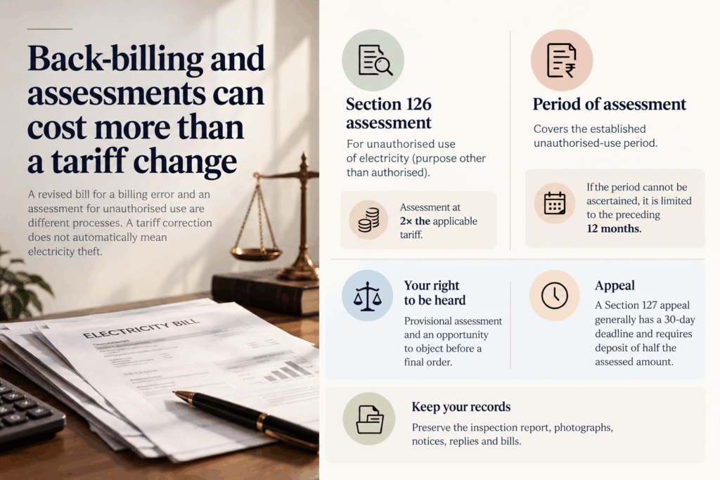 Professional infographic explaining electricity back-billing and unauthorised-use assessments under Section 126 of the Electricity Act, 2003, including double tariff charges, the 12-month assessment limit, consumer objection rights, Section 127 appeal deadlines and required documentation.
