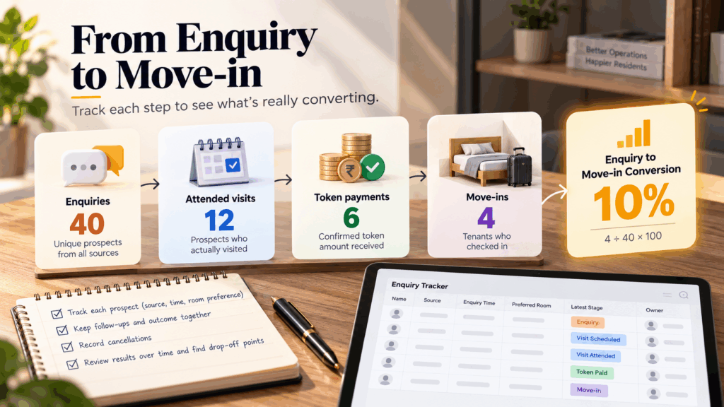 Answer PG Enquiries, How to Answer PG Enquiries at 2 AM Without Hiring a Manager, Rentok Infographic showing how PG accommodation enquiries convert into bookings and move-ins, tracking 40 enquiries, 12 attended visits, 6 token payments, and 4 move-ins to calculate a 10% conversion rate, with an enquiry tracker dashboard and follow-up checklist.