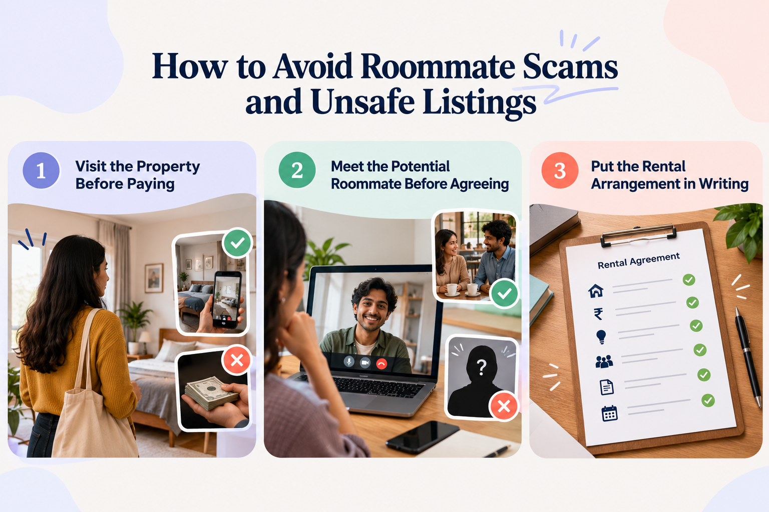 Find a Roommate, How to Find a Roommate: A Practical Guide to Finding the Right Flatmate, Rentok Infographic showing how to avoid roommate scams by inspecting a property before paying, meeting a potential flatmate, and documenting rental terms.