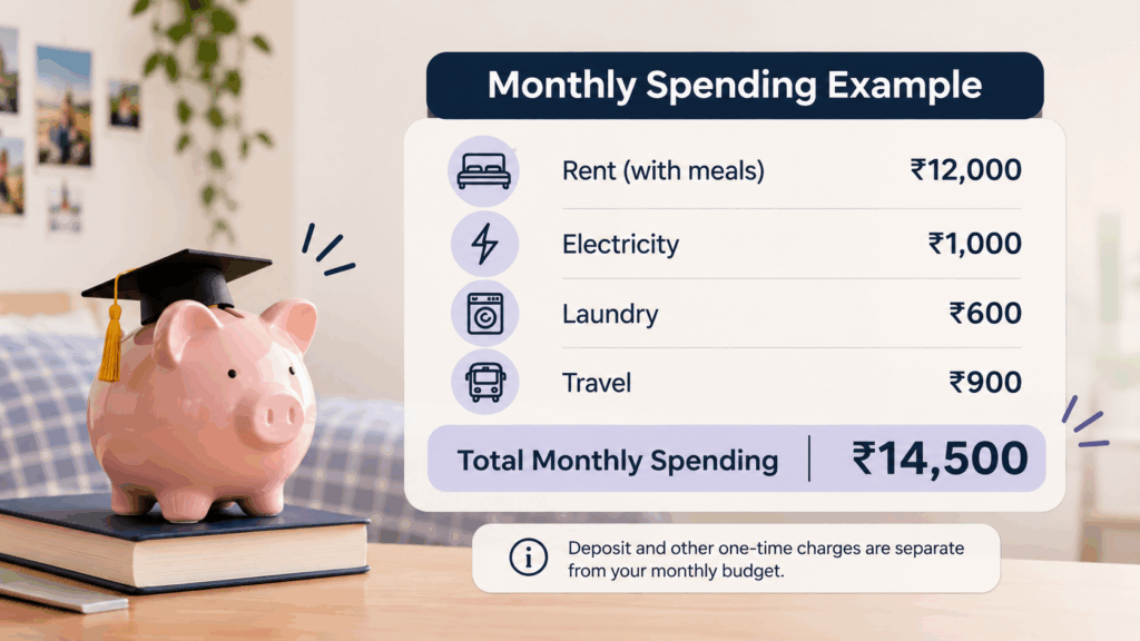 Monthly PG living expenses near Delhi University infographic showing rent with meals ₹12,000, electricity ₹1,000, laundry ₹600, travel ₹900, and total monthly spending of ₹14,500.