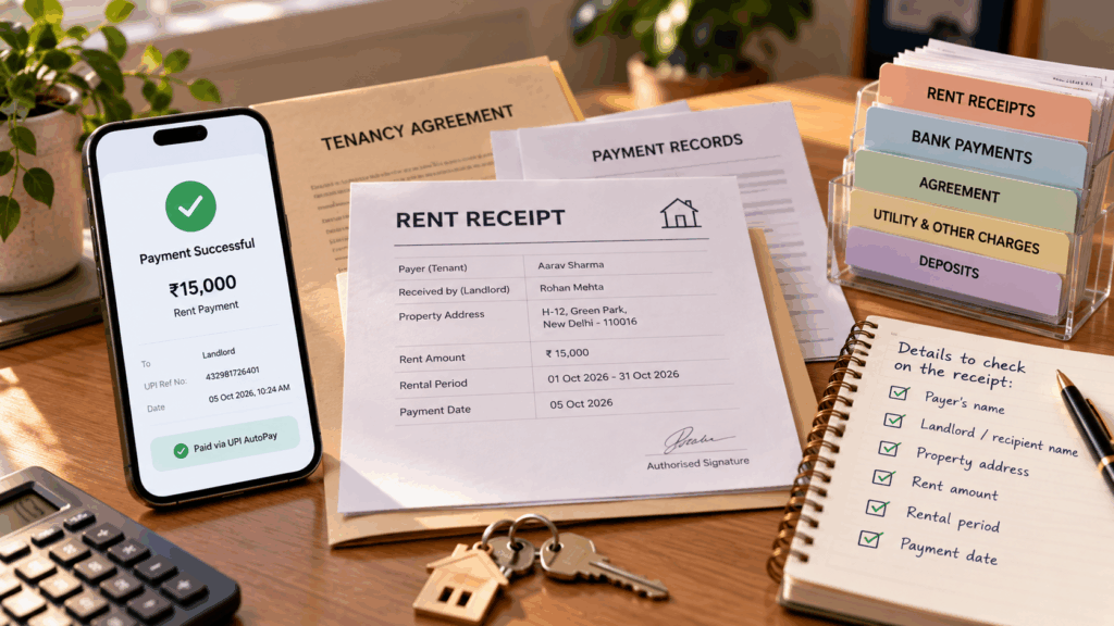 Rent receipt and HRA documentation showing successful rent payment, tenancy agreement, bank payment records, and essential receipt details including tenant name, landlord details, property address, rent amount, rental period, and payment date.