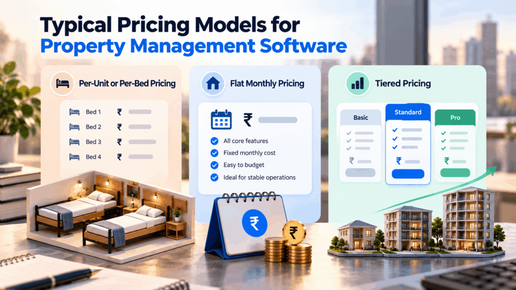 Property Management Software Cost, How Much Should Property Management Software Cost in India?, Rentok Typical property management software pricing models in India, showing per-bed pricing, flat monthly pricing, and tiered subscription plans.