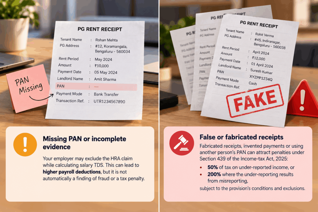 Missing PAN on PG rent receipts versus fake rent receipts, explaining HRA claim rejection, higher salary TDS deductions, and tax penalties under Section 439 of the Income-tax Act, 2025.