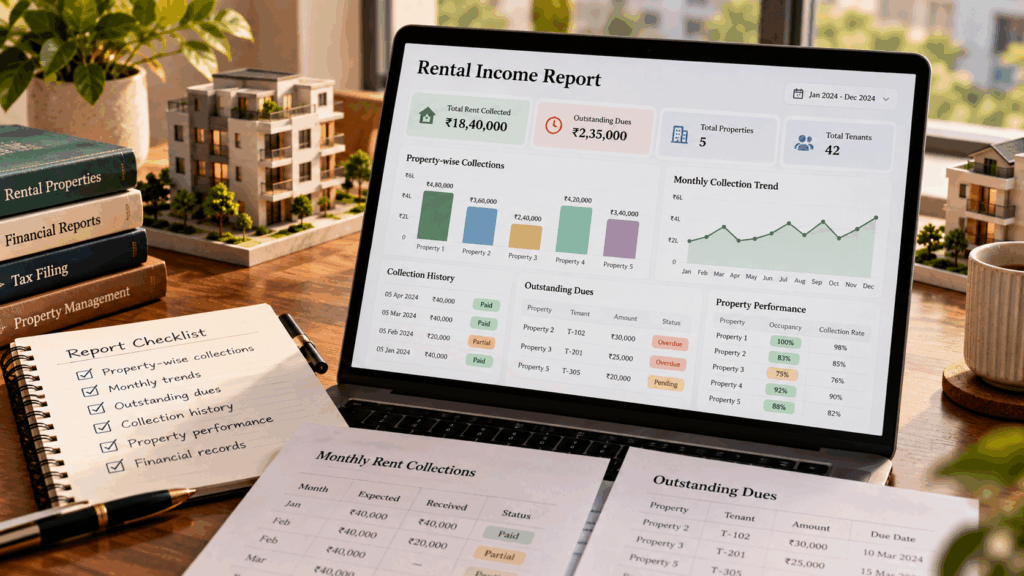 Report My Rental Income, How Do I Report My Rental Income Correctly in My ITR?, Rentok Rental income report showing property-wise collections, monthly rent trends, outstanding dues, payment history, and property performance.