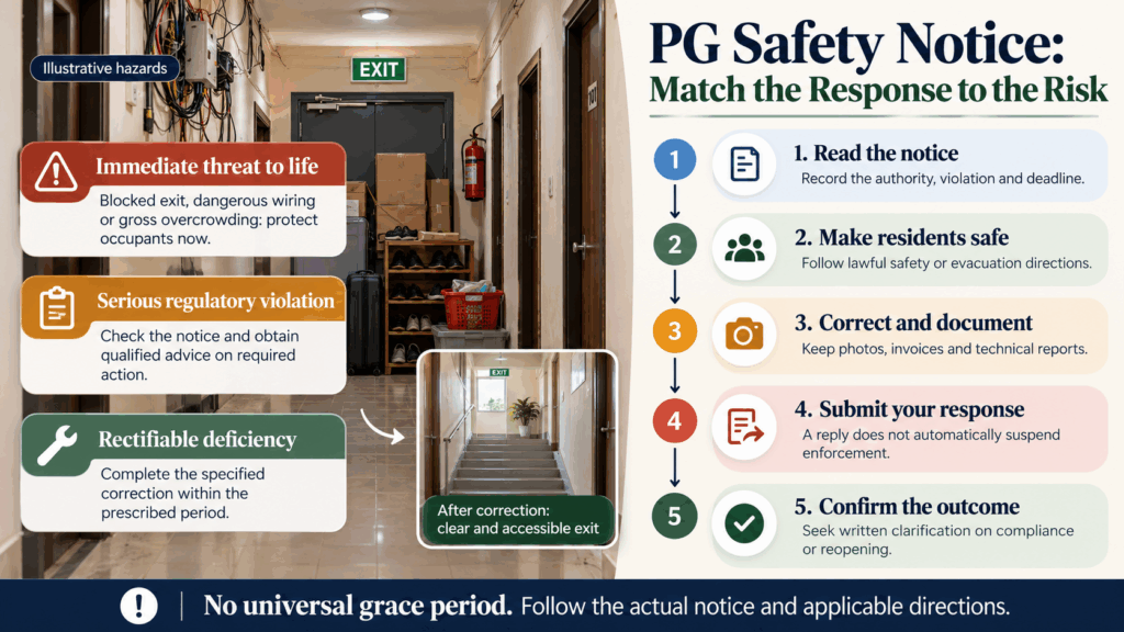Bengaluru PG Rules, Bengaluru PG Rules: 7 Things Every Owner Must Know, Rentok Bengaluru PG safety-notice infographic explaining three risk categories and five steps for resident safety, corrections and authority confirmation.