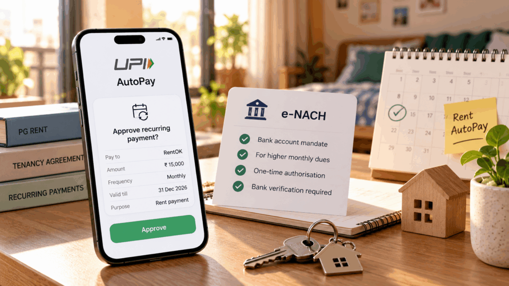 UPI AutoPay and e-NACH for recurring rent payments, showing digital rent payment authorisation, monthly debit approval, bank account mandate, and automated rent collection through RentOK.