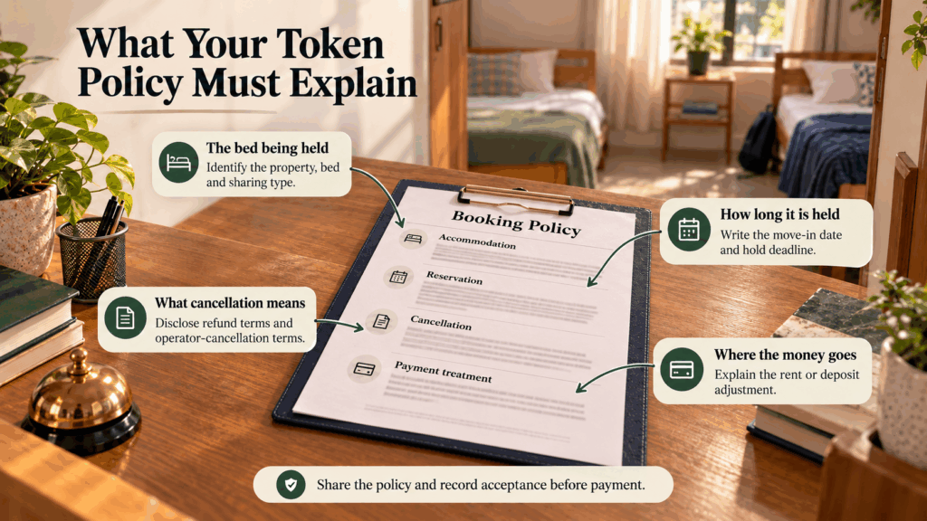 PG token policy infographic explaining bed details, reservation deadlines, cancellation terms and rent or deposit adjustment.