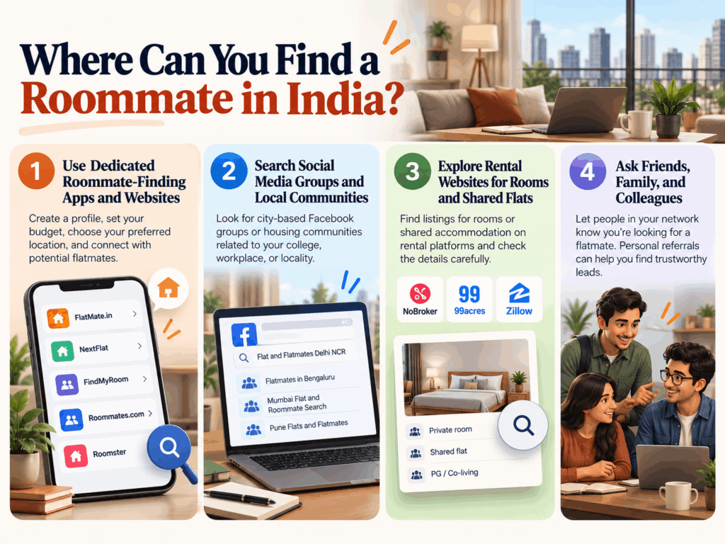 Find a Roommate, How to Find a Roommate: A Practical Guide to Finding the Right Flatmate, Rentok Infographic showing four ways to find a roommate in India: roommate-finding apps, social media groups, rental websites, and referrals from friends, family, and colleagues.
