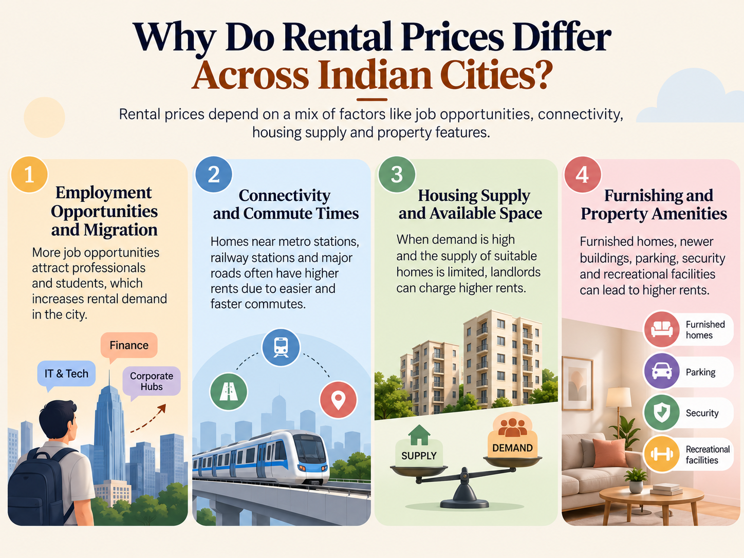 Infographic explaining why rental prices differ across Indian cities, highlighting employment opportunities, migration, connectivity, housing supply and demand, and property amenities.