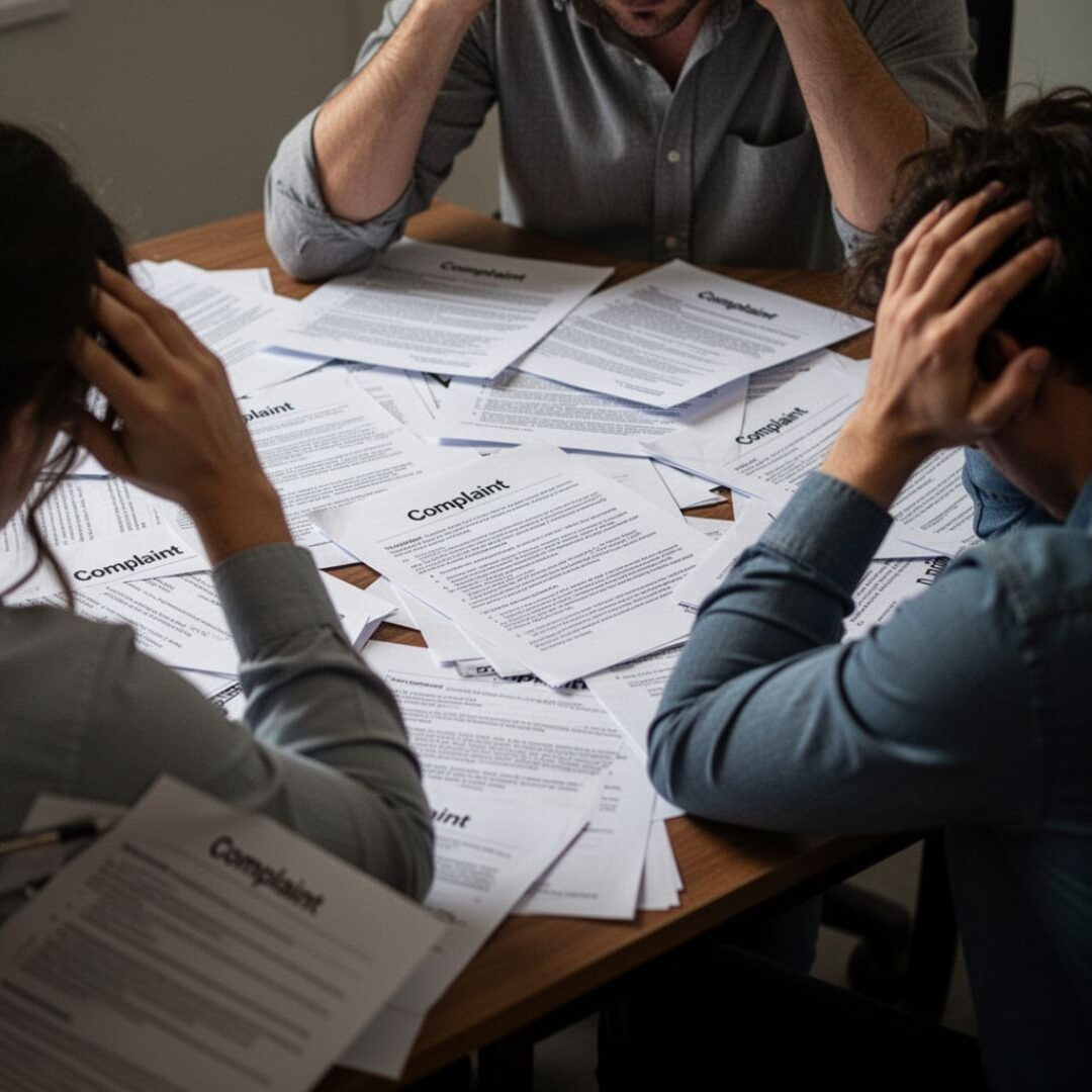 Overwhelmed PG manager reviewing complaint reports on screen