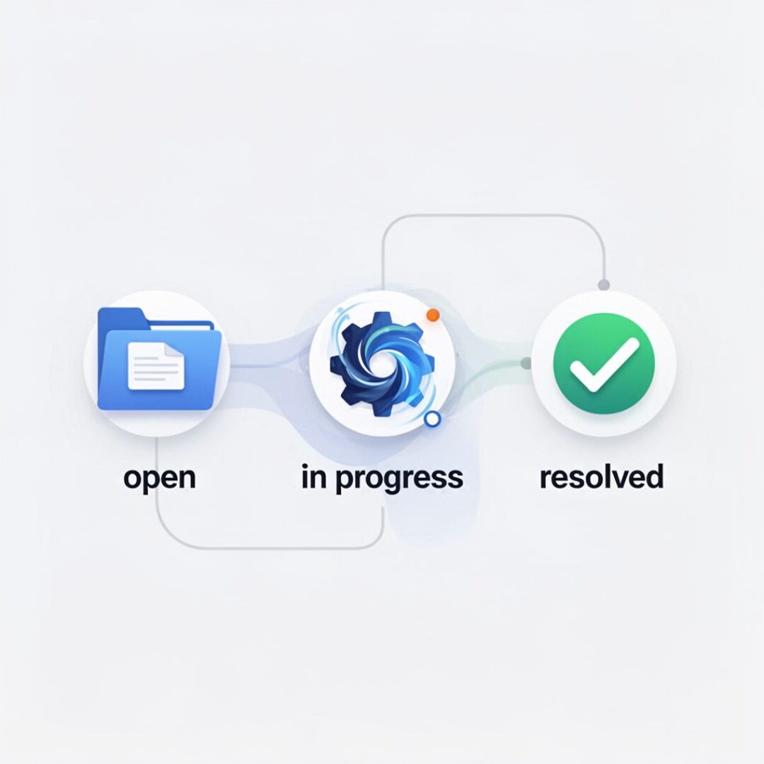 Complaint status tracking dashboard showing Open, In Progress, and Resolved stages