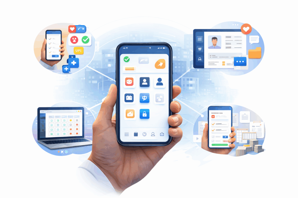 Smartphone displaying PG management app with connected icons for payments, tenants, occupancy, and operations in a clean, modern layout