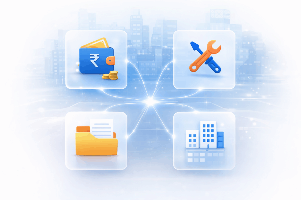 Realistic workspace scene with laptop analytics, documents folder, maintenance tools, and wallet representing PG management operations