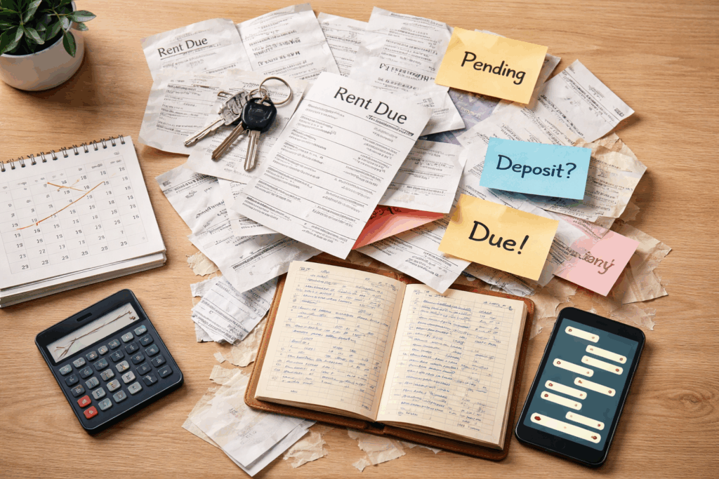 Cluttered desk with scattered rent receipts, utility bills, handwritten ledger, sticky notes for dues and deposits, and a phone with unread messages, showing disorganized property management.