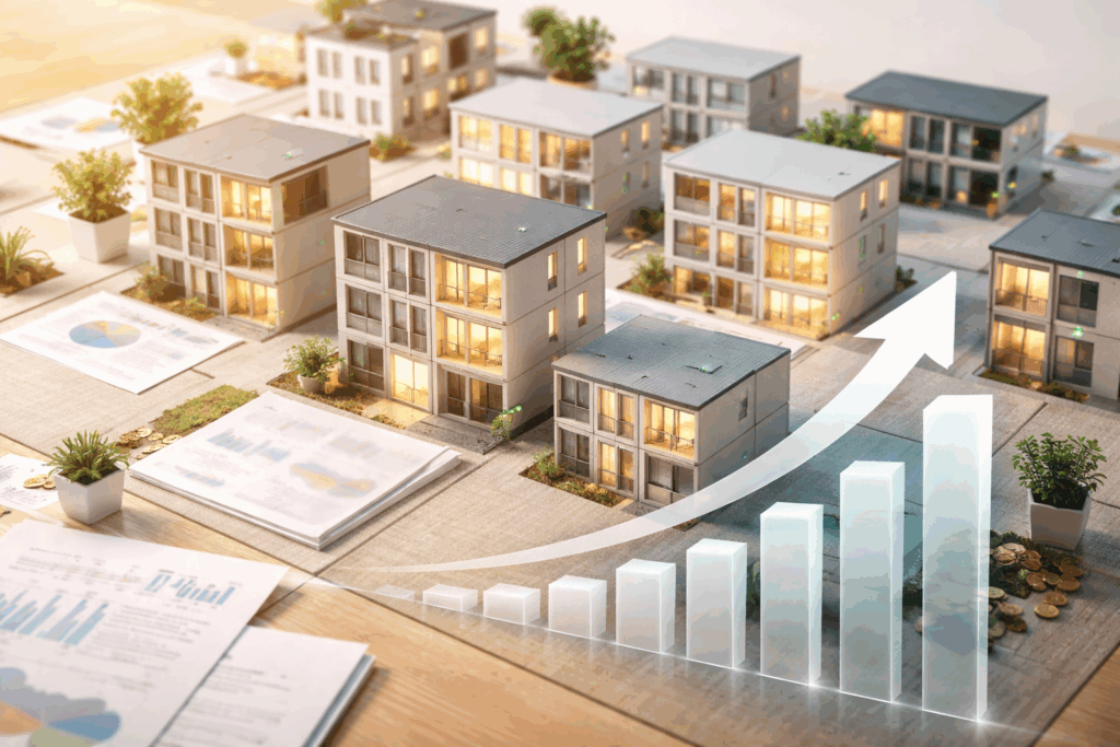 Miniature residential buildings with glowing occupied units and a rising bar graph with arrow, symbolizing increased occupancy, revenue growth, and ROI in property management.
