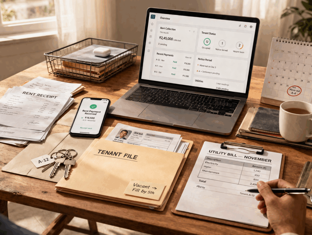 Organized property management workspace with laptop, rent receipts, tenant file, keys, utility bill, and payment tracking tools