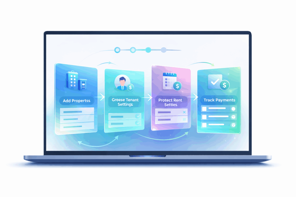 Laptop displaying step-by-step rental management app setup with property, tenant, rent, and payment tracking flow
