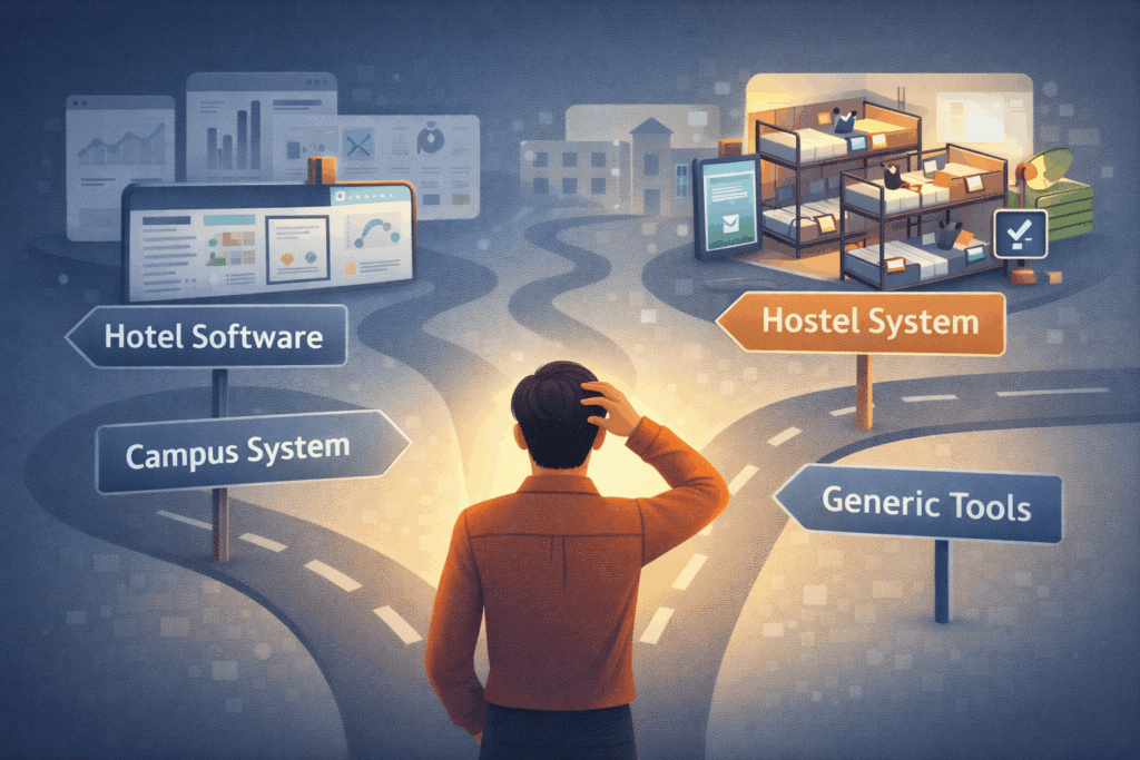 Hostel operator choosing between different software options like hotel, campus, and generic tools vs hostel management system