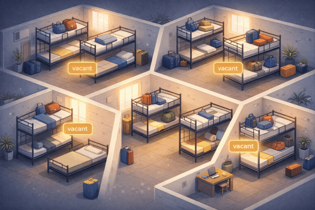Illustration of hostel rooms with bunk beds showing occupied beds with luggage and vacant beds highlighted