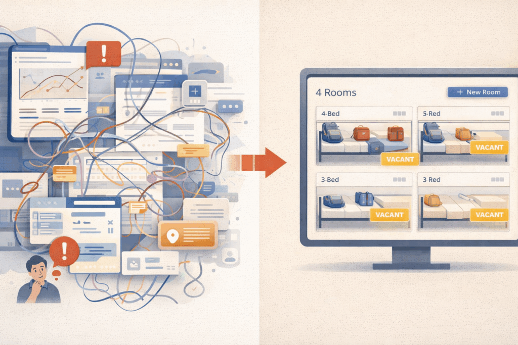 Comparison of complex hostel software interface versus simple bed-level occupancy management system