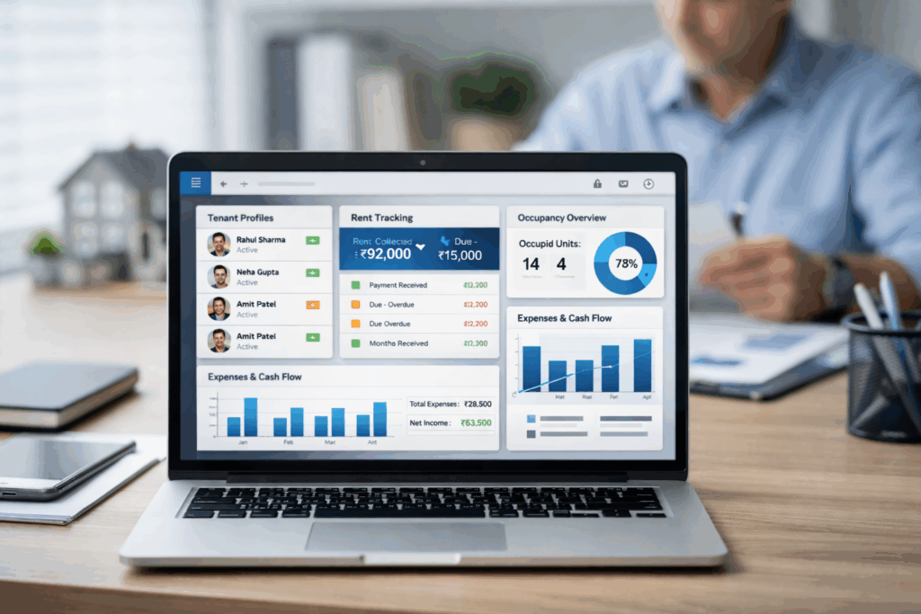 Guide to Rental Property Software, The Complete Guide to Rental Property Software for 2026, Rentok Modern rental property management dashboard displayed on a laptop, showing tenant profiles, rent tracking, occupancy data, and expense analytics in a clean office workspace.