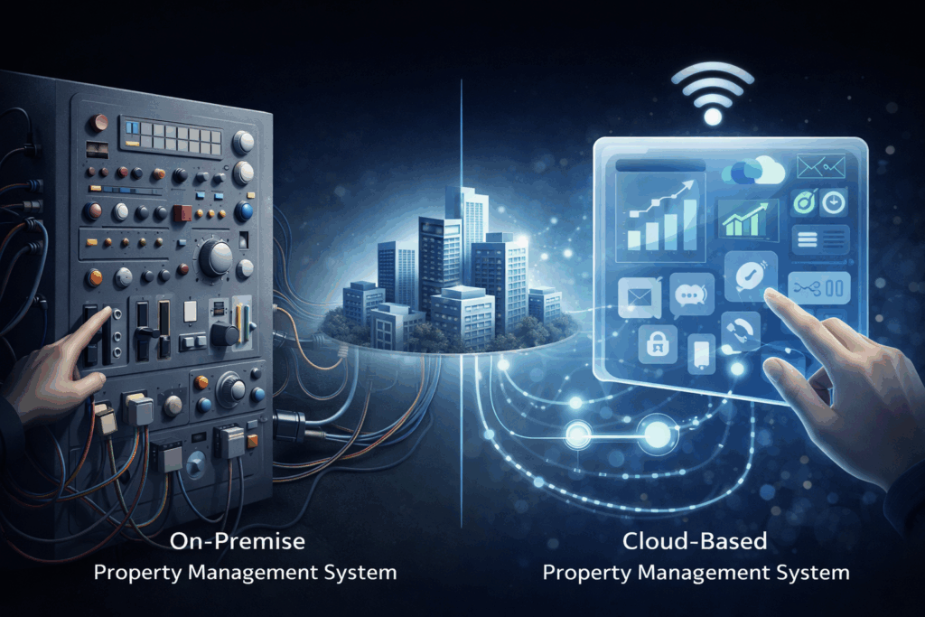 Guide to Rental Property Software, The Complete Guide to Rental Property Software for 2026, Rentok Comparison image of on-premise vs cloud-based rental property software, showing a complex wired control system on one side and a seamless wireless digital interface managing properties on the other.