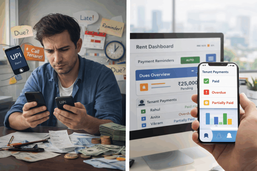 Landlord struggling with manual rent tracking on multiple phones contrasted with a digital dashboard showing automated rent collection and payment tracking.