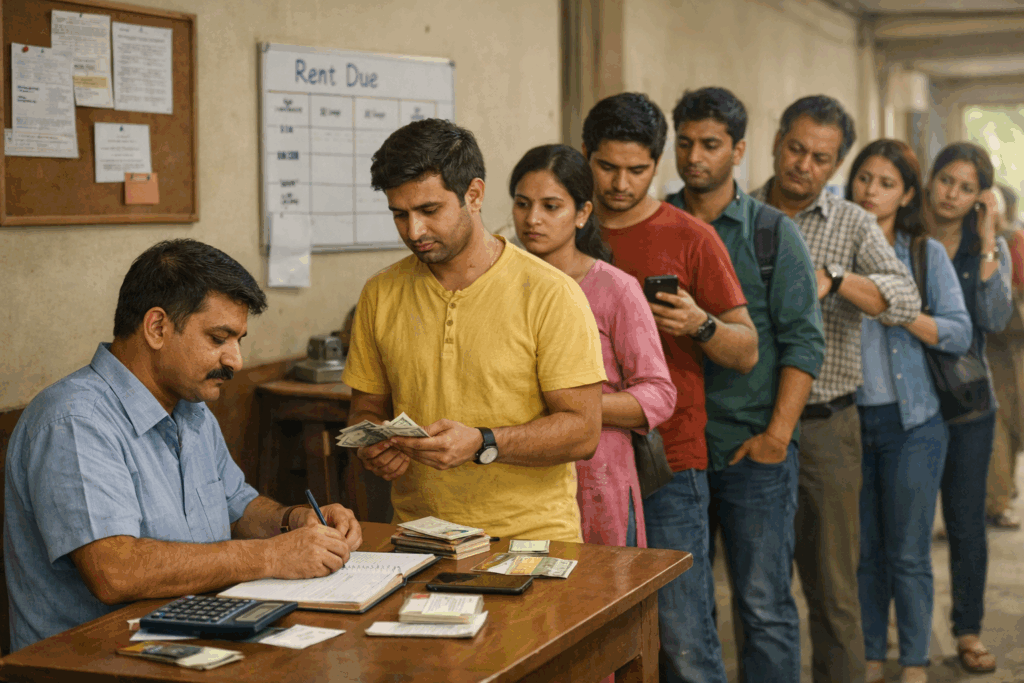 Automate Payments with Rent Collection Software, How to Automate Payments with Rent Collection Software, Rentok Landlord collecting rent manually from a line of tenants, recording payments in a notebook while handling cash and causing delays.