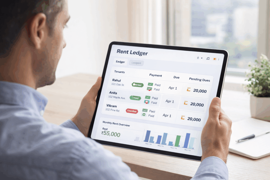 Landlord reviewing digital rent ledger on tablet showing tenant payment history, dues, and monthly income summary.