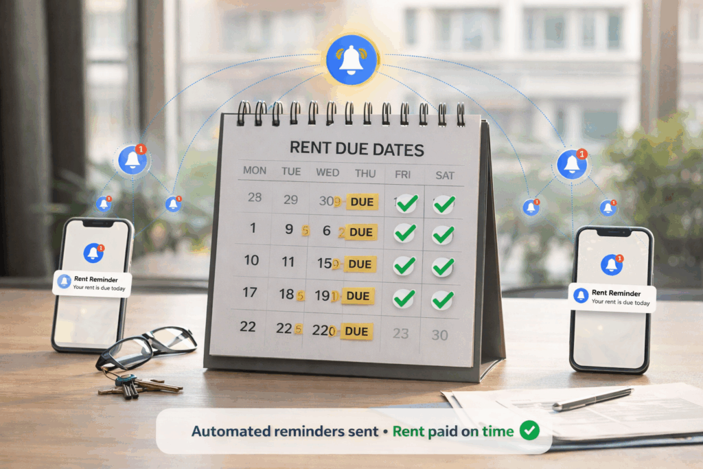 Automate Payments with Rent Collection Software, How to Automate Payments with Rent Collection Software, Rentok Desk calendar with rent due dates and checkmarks, surrounded by smartphones showing reminder notifications, representing automated rent payments.