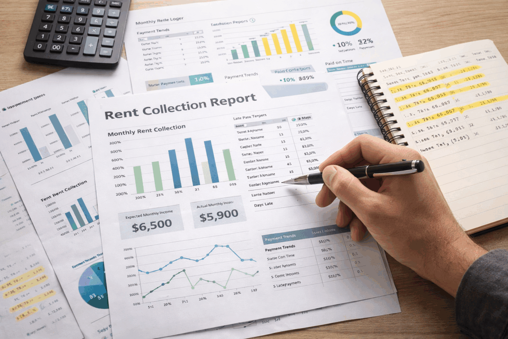 Automate Payments with Rent Collection Software, How to Automate Payments with Rent Collection Software, Rentok Printed rent collection reports with charts and graphs being reviewed on a desk, showing income trends, payment data, and financial analysis.