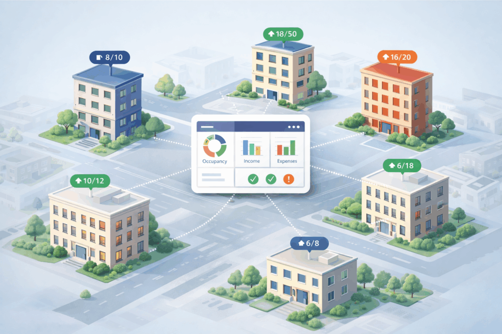 Visual of multiple PG properties connected to a central system showing scalable and organised property management.