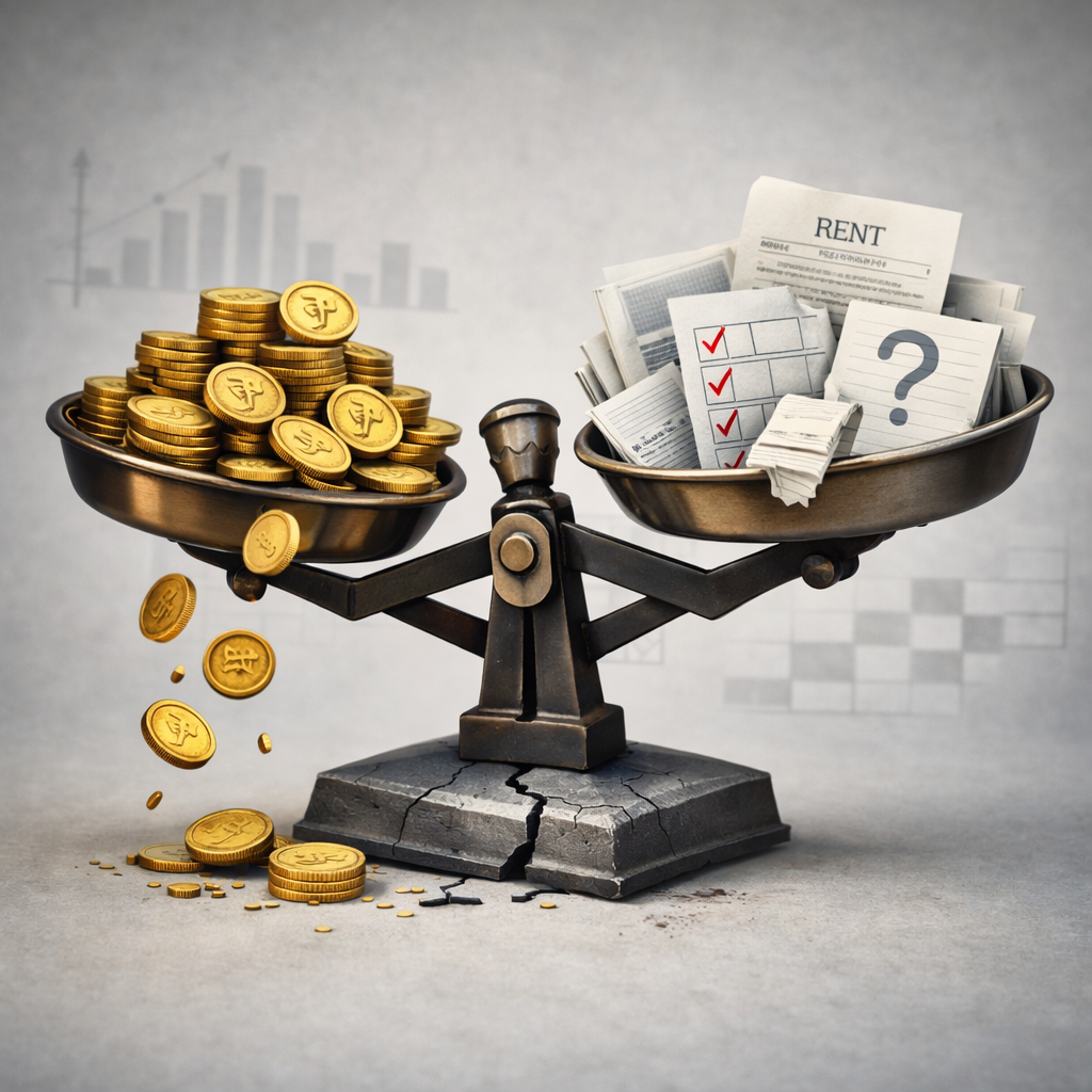 Rent Tracking Software, Why You Need Rent Tracking Software to Stop Revenue Leaks, Rentok A tilted balance scale showing gold coins spilling from one side and disorganized rent documents on the other, symbolizing financial imbalance and revenue leakage.