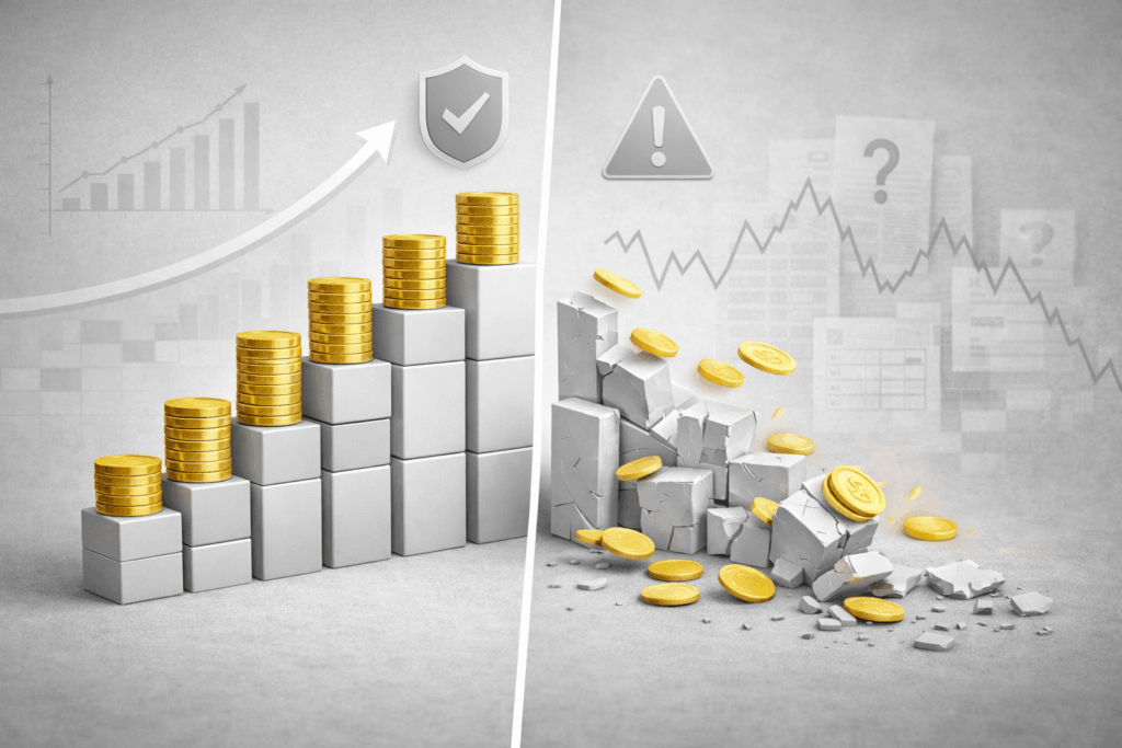 Rent Tracking Software, Why You Need Rent Tracking Software to Stop Revenue Leaks, Rentok Split visual showing stable stacked coins on one side and broken blocks with scattered coins on the other, representing consistent vs inconsistent rent tracking.