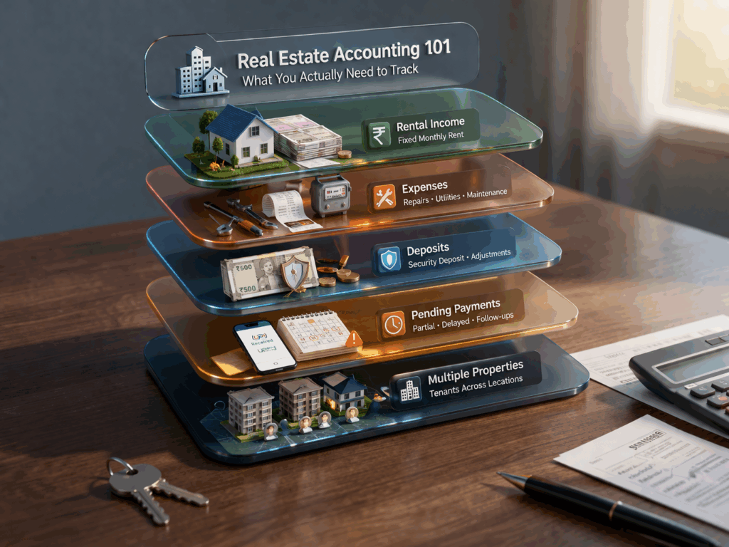 Rental Property Accounting Software, How to Choose Rental Property Accounting Software, Rentok Layered real estate accounting system showing rental income, expenses, deposits, pending payments, and multiple properties in one structured view
