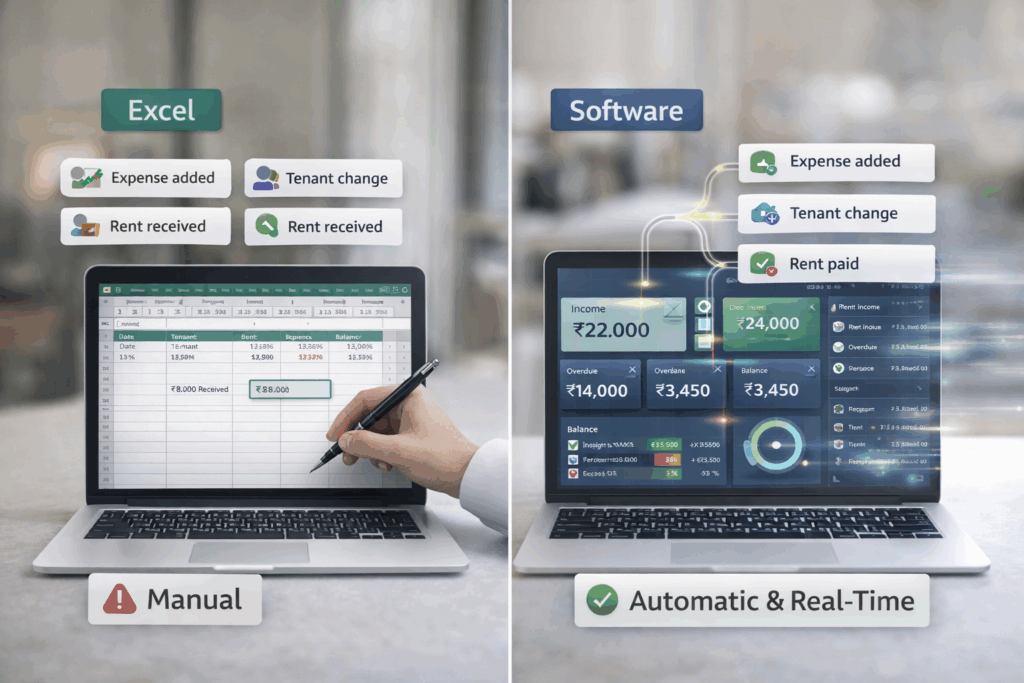 Rental Property Accounting Software, How to Choose Rental Property Accounting Software, Rentok Comparison of Excel vs accounting software showing manual data entry versus real-time automated financial tracking