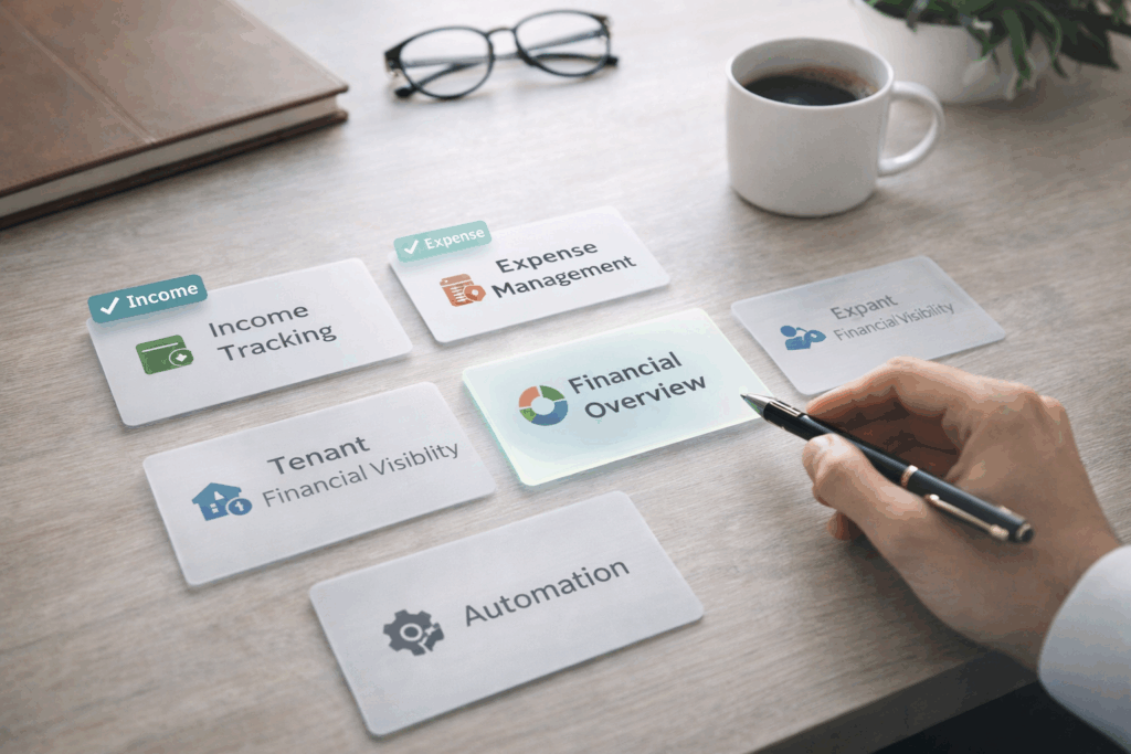 Rental Property Accounting Software, How to Choose Rental Property Accounting Software, Rentok Feature selection for rental accounting software showing income tracking, expense management, tenant visibility, and automation
