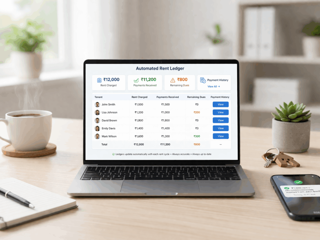 Rent Tracking Software, Why You Need Rent Tracking Software to Stop Revenue Leaks, Rentok Laptop displaying an automated rent ledger dashboard with tenant payment history, rent charged, payments received, and remaining dues in a modern workspace setup