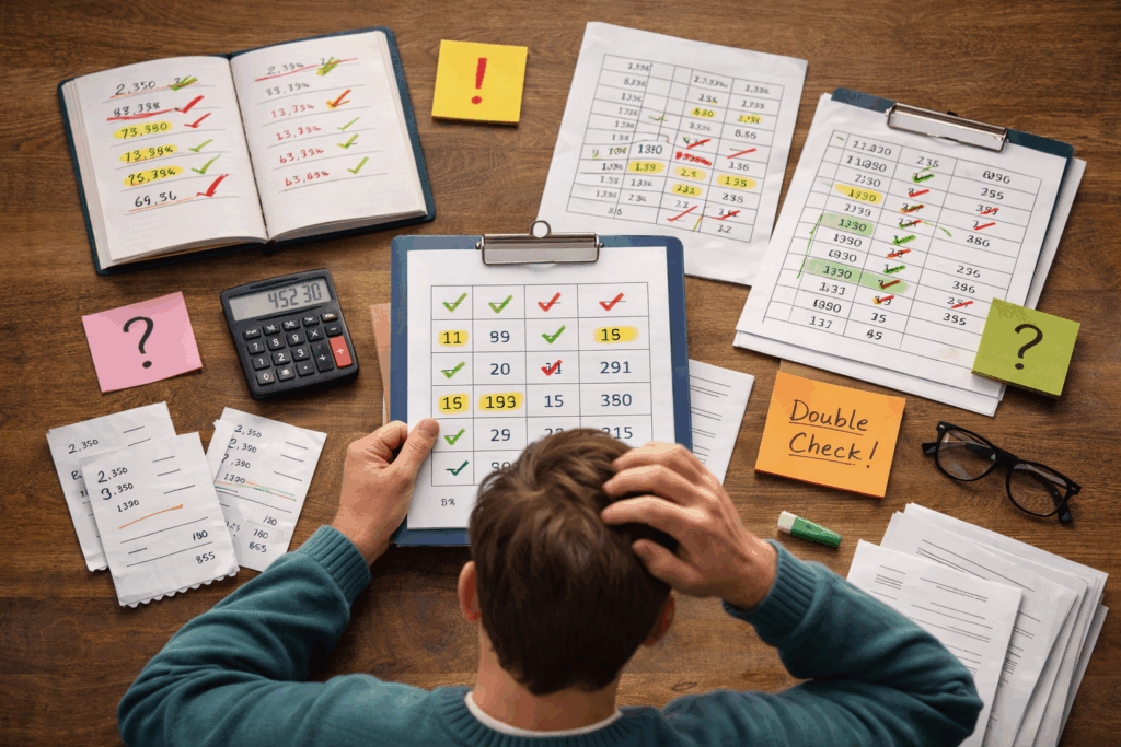Free Rent Collection Software, Free Rent Collection Software: Pros, Cons, and Limitations, Rentok Overhead view of a person reviewing multiple financial documents spread across a wooden desk, with highlighted numbers, checkmarks, sticky notes, and a calculator, showing confusion while cross-checking entries and verifying records.
