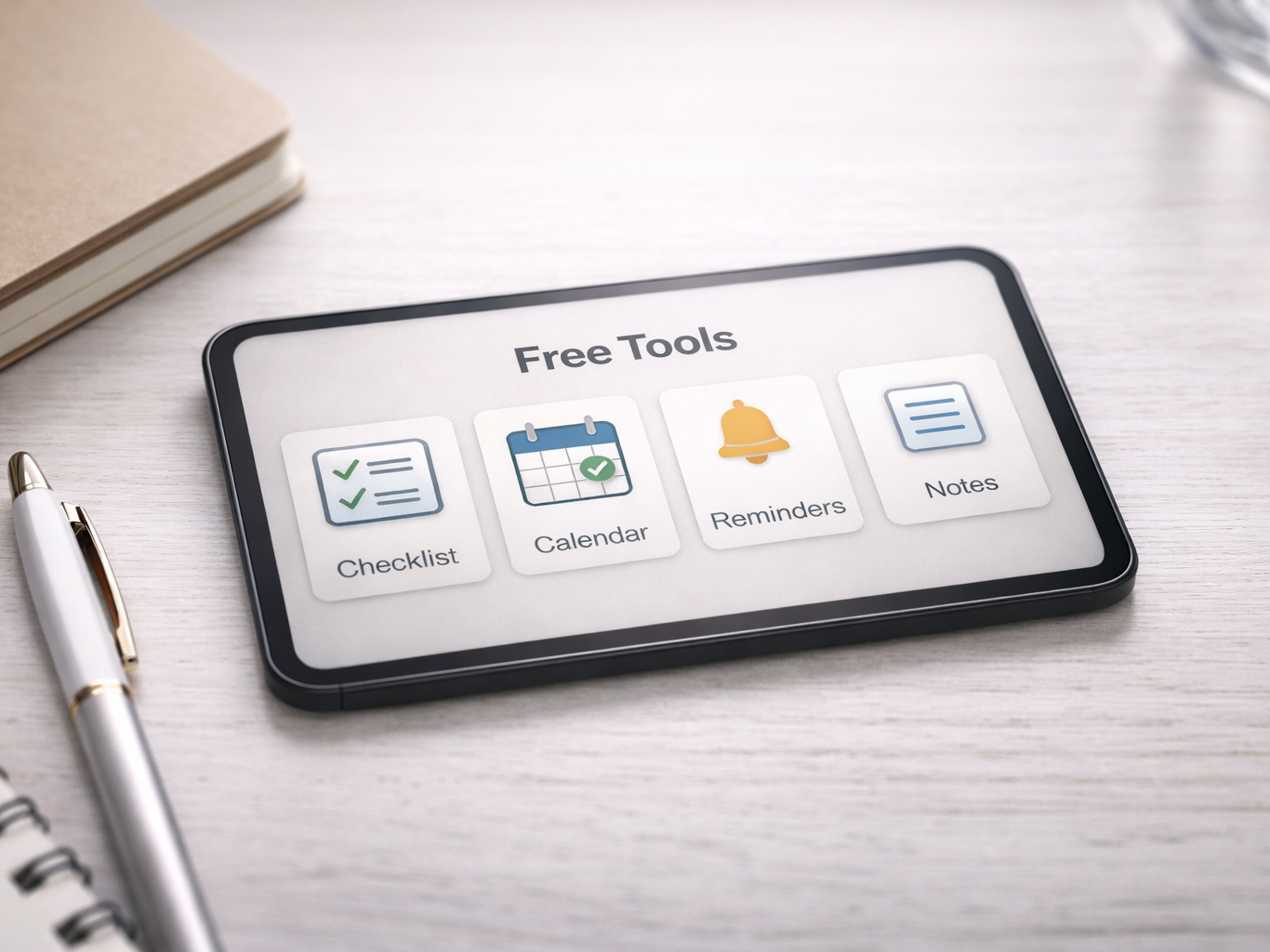 Free Rent Collection Software, Free Rent Collection Software: Pros, Cons, and Limitations, Rentok Tablet displaying basic free productivity tools like checklist, calendar, reminders, and notes on a clean desk setup representing simple free software options