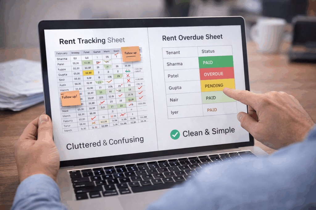 Free Rent Collection Software, Free Rent Collection Software: Pros, Cons, and Limitations, Rentok Person comparing two rent collection software interfaces on a laptop — one cluttered with multiple entries and follow-up notes, and the other clean and simplified with Indian tenant names and clearly labeled payment statuses like Paid, Pending, and Overdue, highlighting clarity and ease of evaluation.