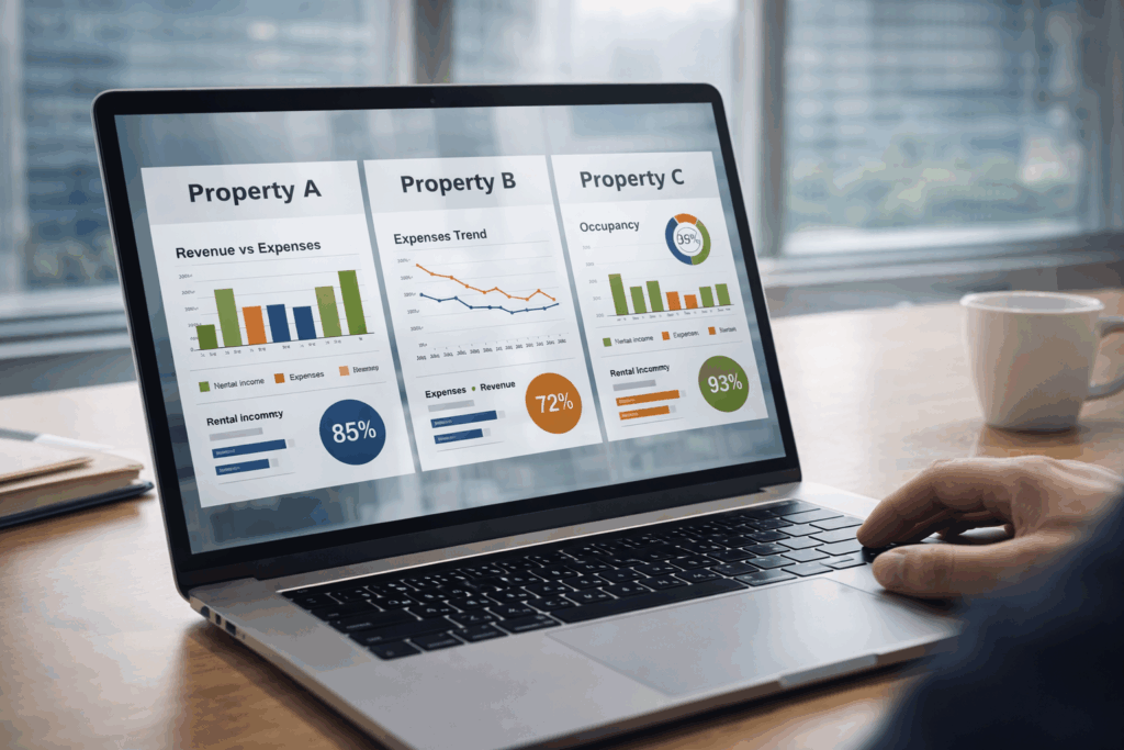 Laptop displaying multiple rental property performance dashboards with revenue, expenses, and occupancy analytics in a modern office setting.