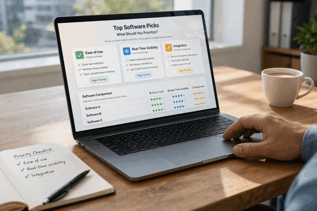 Laptop displaying property management accounting software comparison with ease of use, real-time visibility, and integration priorities in a modern workspace.