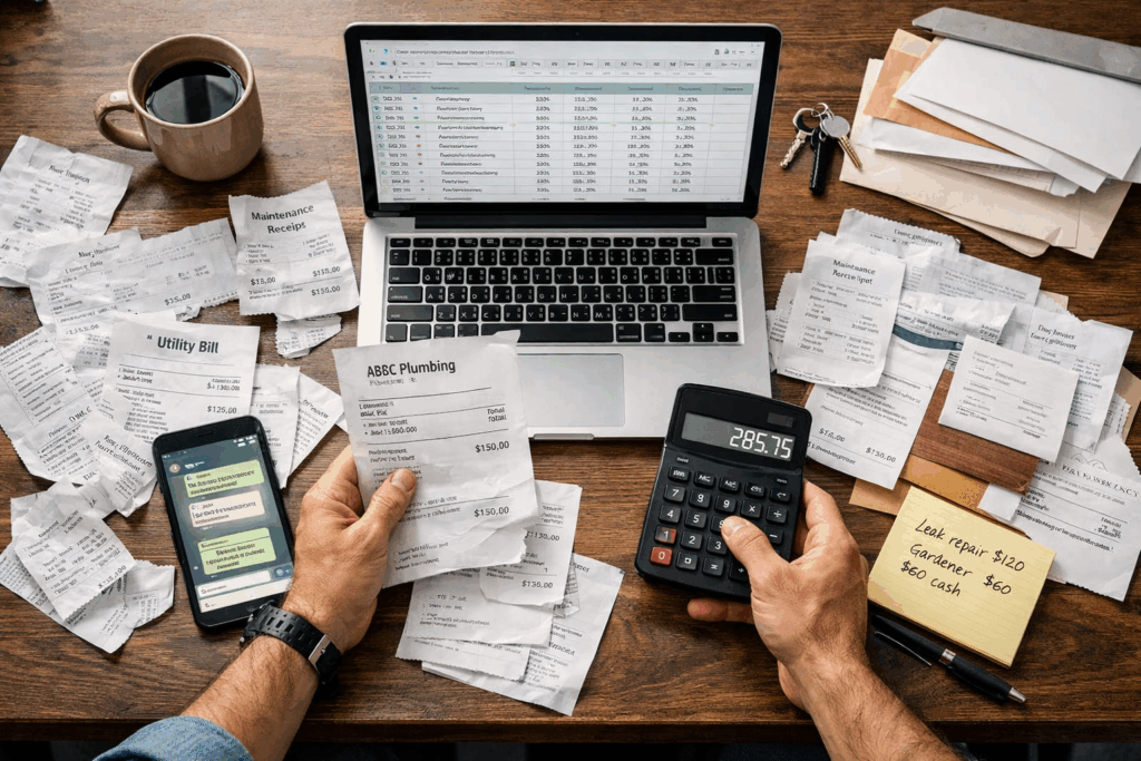 Software for Tracking Rental Properties, Best Software for Tracking Rental Properties and Expenses, Rentok Landlord reviewing scattered expense receipts and bills on a desk with laptop spreadsheet, calculator, and phone showing messages about payments.